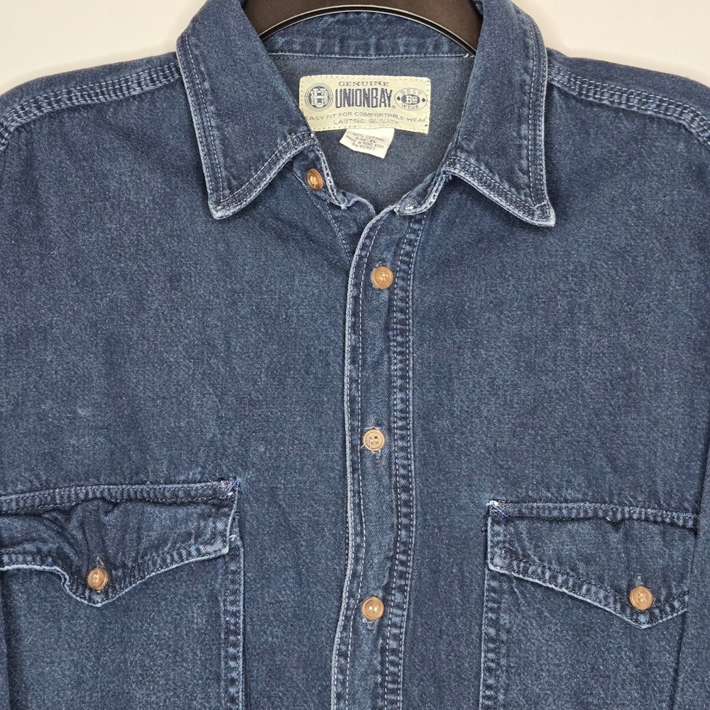 UNIONBAY Mens Denim Button Up Shirt Long Sleeve Blue XL Cotton Workwear Casual - Picture 2 of 6